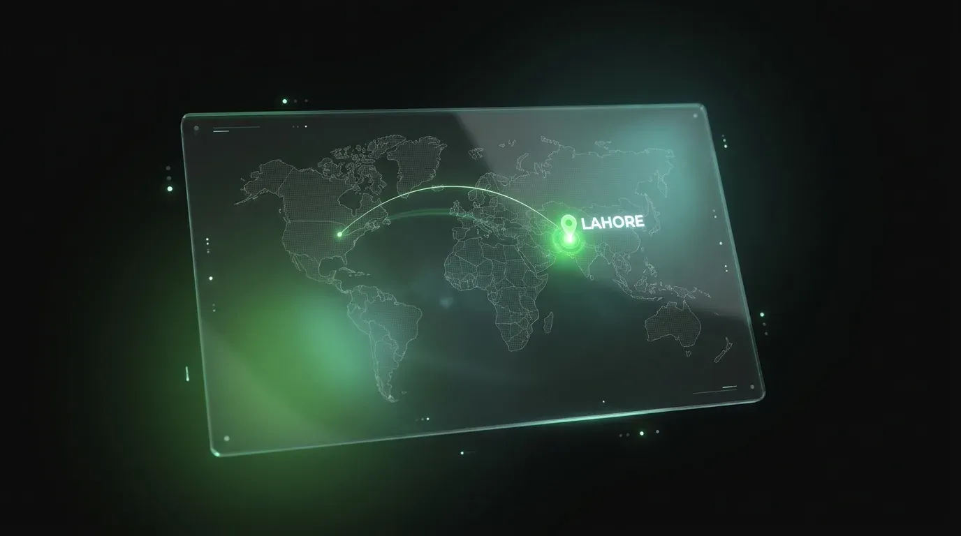 Global network map highlighting iDevNerds' Lahore, Pakistan location